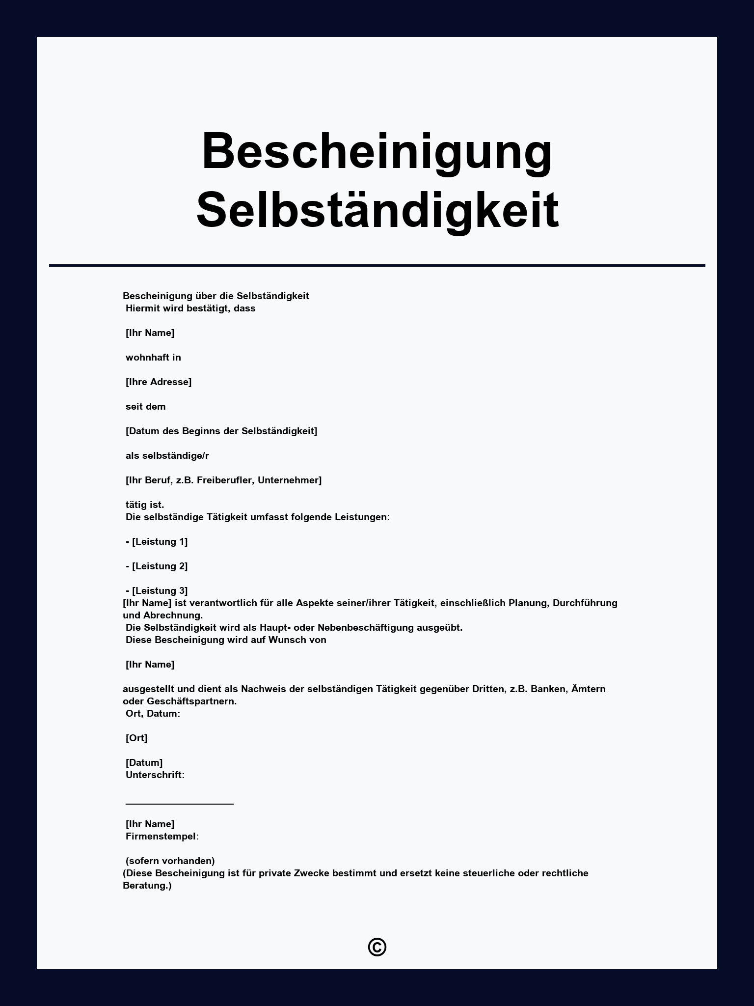 Bescheinigung Selbständigkeit Muster