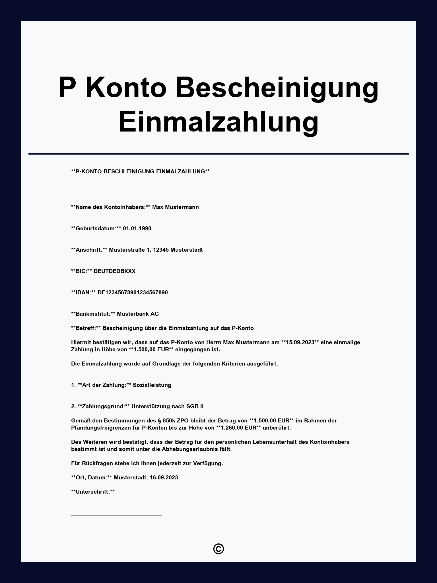 P-Konto Bescheinigung Einmalzahlung Formular